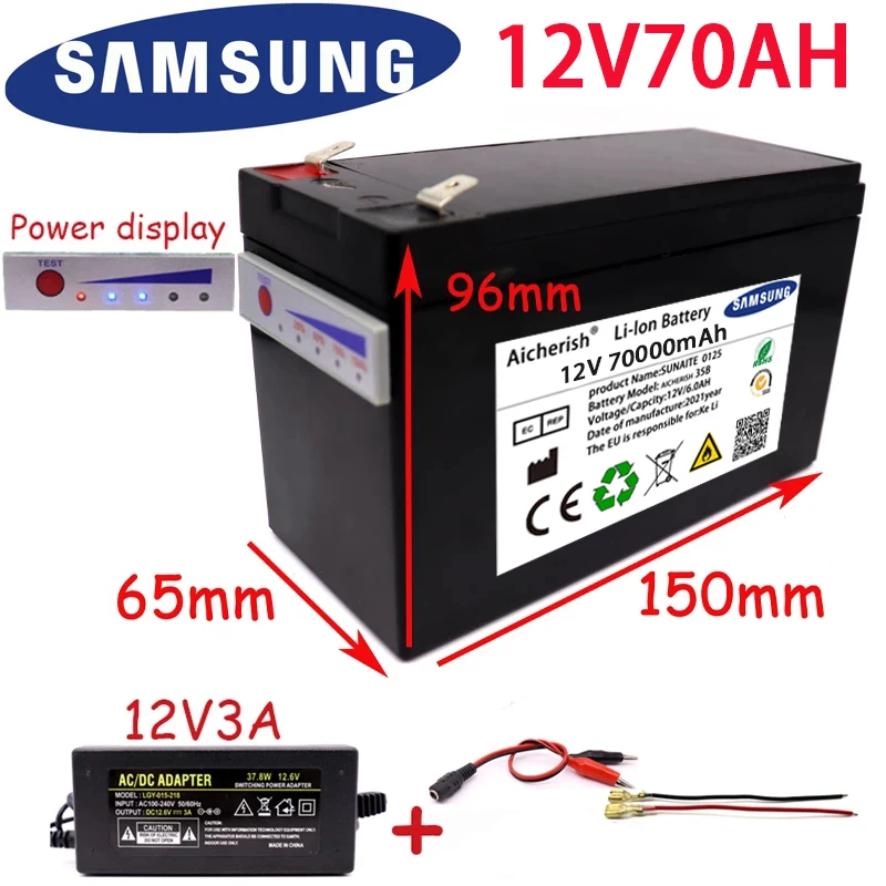 

NEW Sprayers Electric Vehicle Batterie 12V 70Ah 3S6P 18650 Lithium Battery Pack Built-In High Current 30A BMS For 12.6V Charger