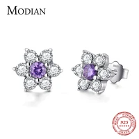 modian high quality 100 925 sterling silver flower purple crystal stud earrings fashion cz for women wedding jewelry gift