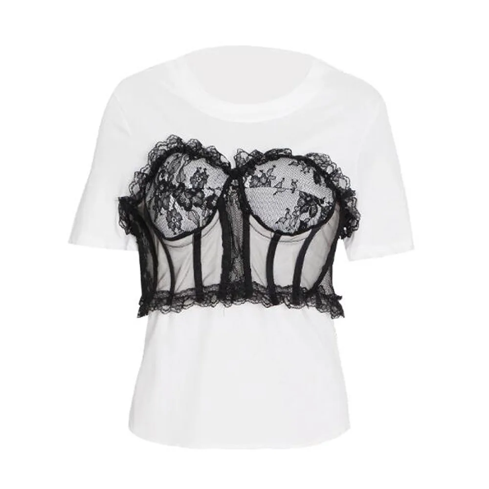 

Cultiseed Women Summer Sexy Strapless Lace Mesh Patchwork Short Sleeve T-Shirts Tops Clothing Female Ladies Sweet Casual Tees