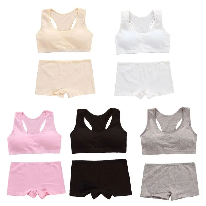 

Teens Girls Sports Bra Puberty Gym Underwear Wireless Teenager Sport Bra with Briefs Cotton Young Girls Training Bra Set