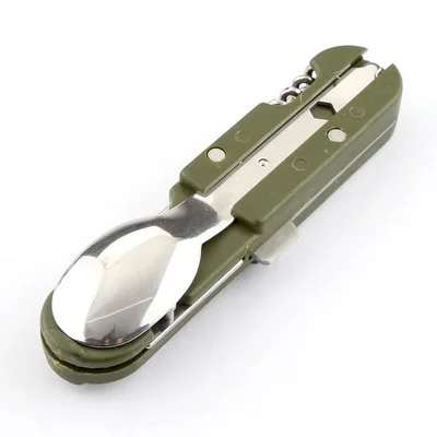 Army Green Folding Portable Stainless Steel Camping Picnic Cutlery Knife Fork Spoon Bottle Opener Flatware Tableware Travel Kit|spoon bottle