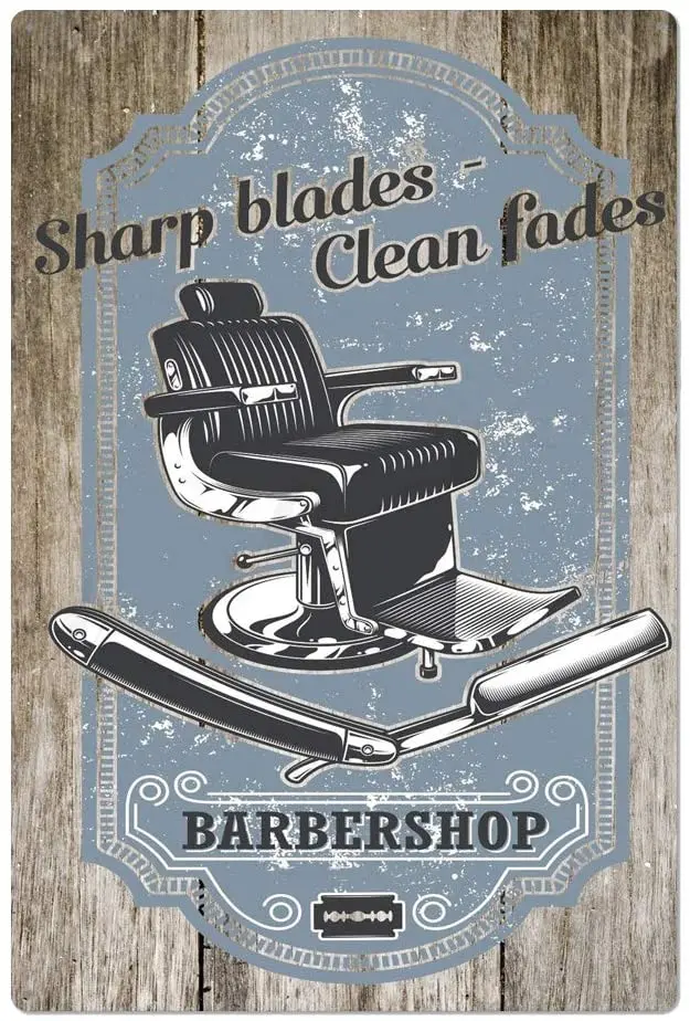 

Original Retro Design Tin Metal Sign Wall Art | Sharp Blades Clean Fades |Thick Tinplate Print Poster Wall Decoration for Barber