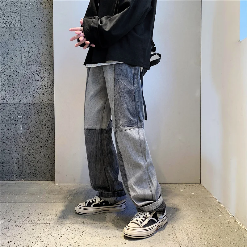 

Korean Style Stitching Jeans Men Fashion Loose Casual Ripped Jeans Men's Harajuku Streetwear Hip-hop Straight Wide-leg Jeans Men