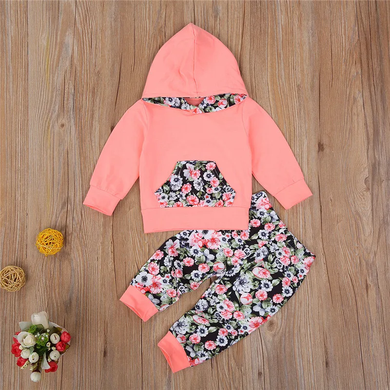 Toddler Baby Girl 2PCS Outfit Sets Long Sleeve Hoodie Pocket Top Shirt Floral Pants Pajamas for Autumn Winter