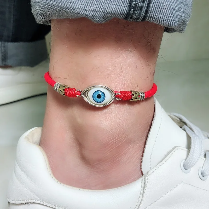 AAK003 Fashion Lucky Turkish Blue Evil Eye Foot Jewelry for Men Barefoot Sandal Anklet Handmade Leather Black/Red Rope Chain | Украшения и