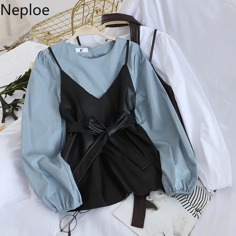 Neploe темперамент О-образный вырез длинный рукав Нижняя блузка Патч тонкая талия