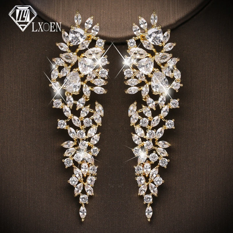 

LXOEN Long Flower Cubic Zirconia Wedding Dangle Earrings for Women with Shinning Bride Drop Earrings Party Jewelry