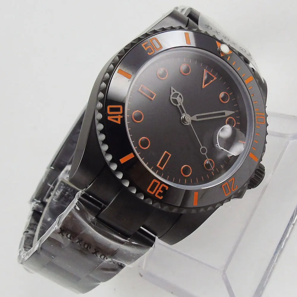 

40mm Black Sterile Dial Automatic Mechanical Sapphire Glass Miyota PVD Coated Bracelet Strap Date Orange Self Winding Mens Watch