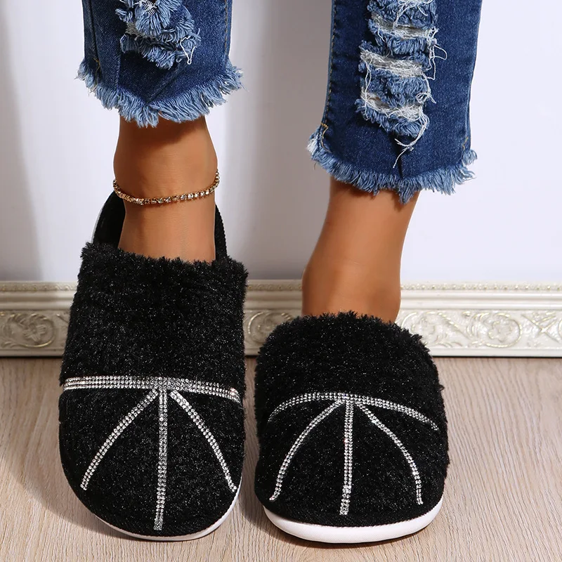 

Hairy cotton slippers women autumn and winter new warm slippers home bright diamond slippers fashion outer wear women's shoes