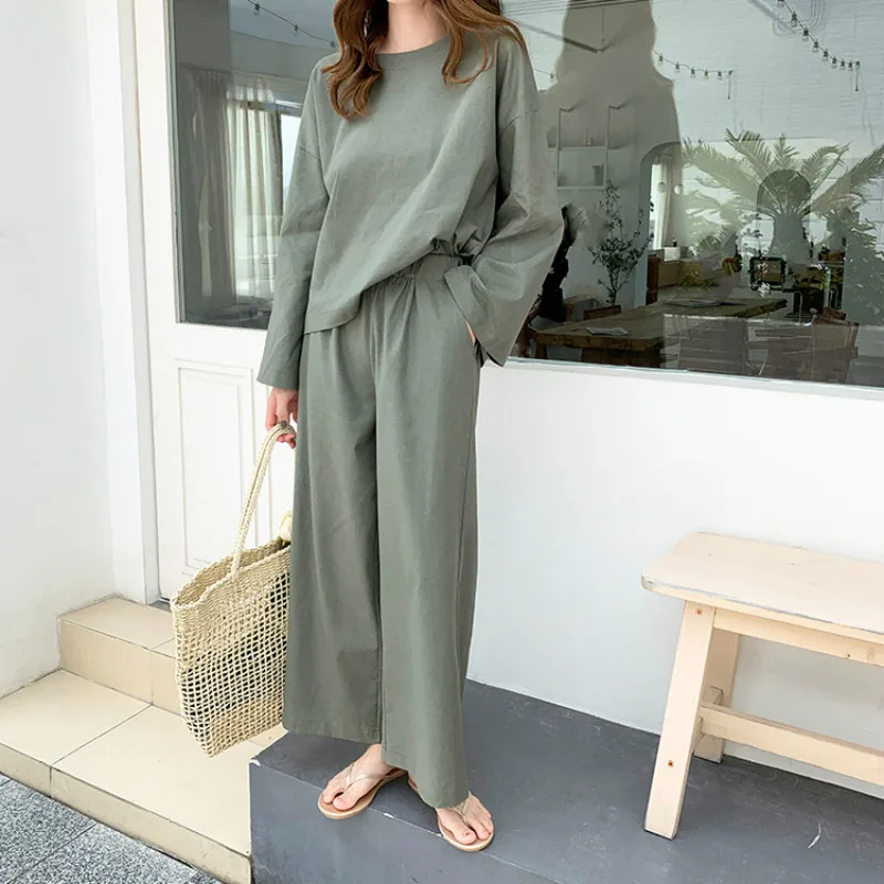 

Women Spring Autumn Cotton Loose Two Piece Set Outfits Kit Full Sleeve Pullover Blouse with Elastic High Waist Long Pants