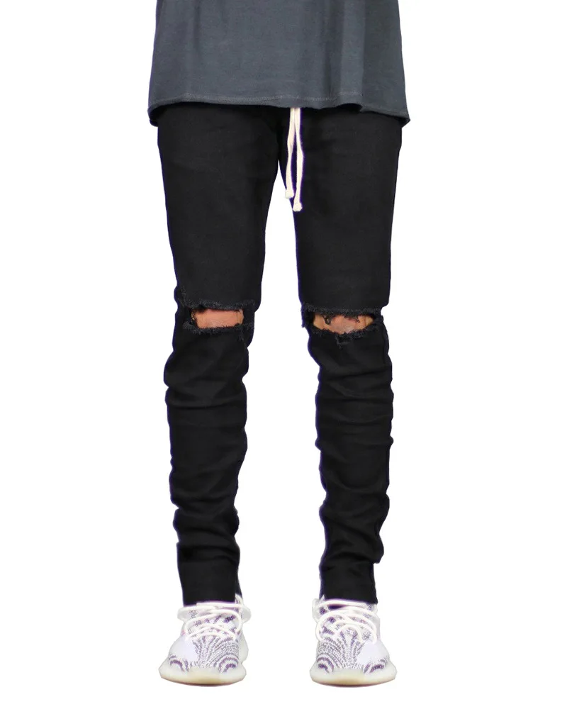

Pop New Destroyed Hole Jeans Men Fashion Solid Stretchy Ripped Skinny Jeans Clothes Casual Drawstring Blue Jeans