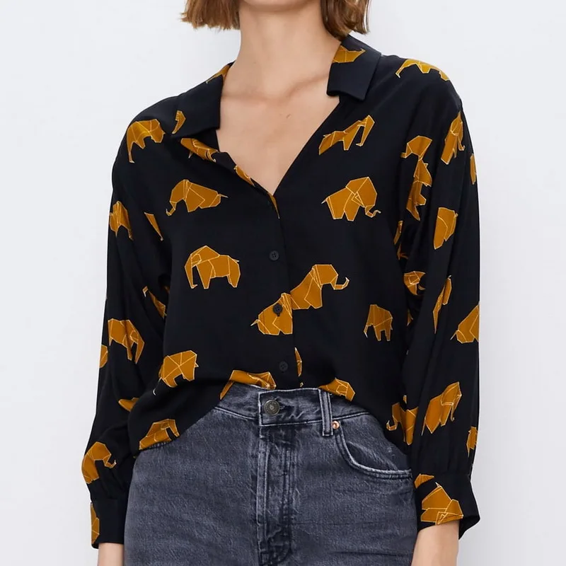 Женская рубашка с длинным рукавом Повседневная Свободная блузка принтом