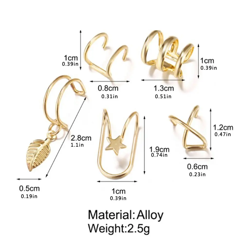 

5Pcs/Set Ear Cuff Gold Color U-Shaped Leaves No Piercing Fake Cartilage Earring Jewelry For Women Men 2020 Hot Selling