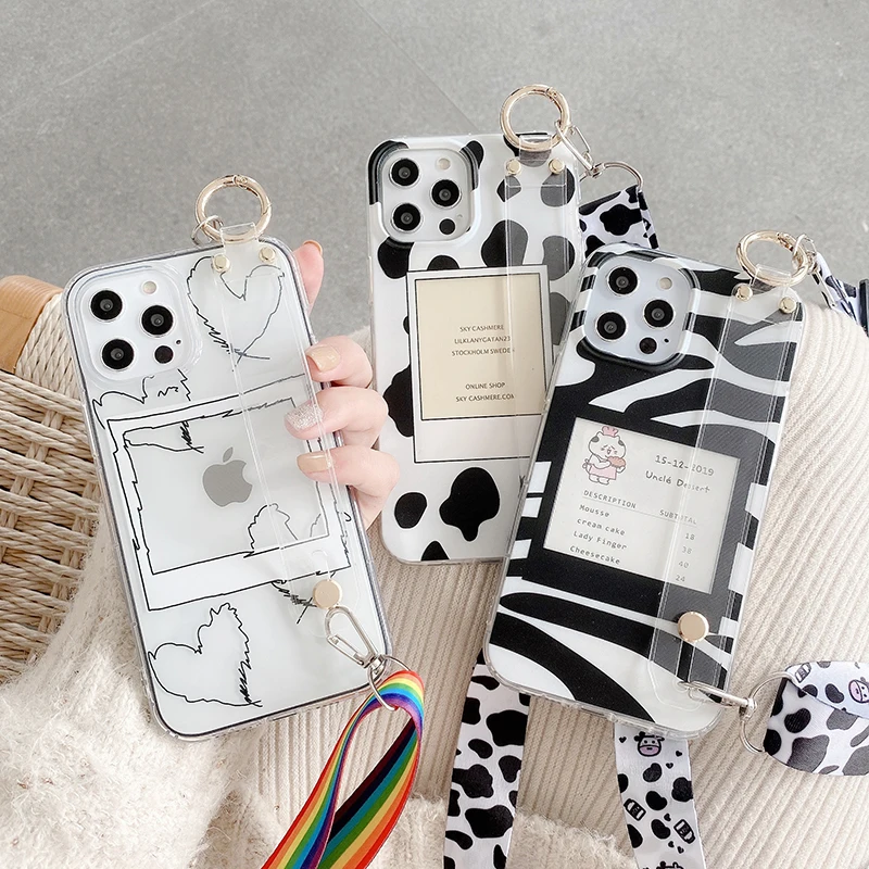 

Korea DIY photo zebra Wrist support soft silicon phone case for apple iphone 7 8 Plus X XS XR MAX 11 Pro 12 MiNi Lanyard cover
