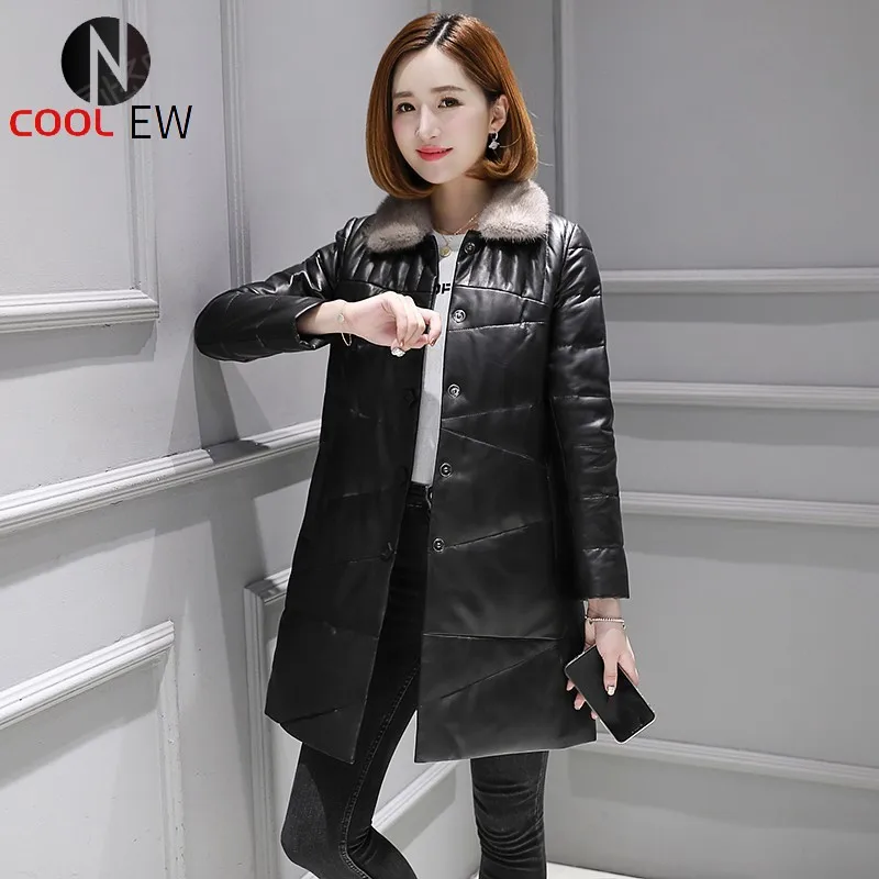 

Office Ladies Slim Fit Sheepskin Down Jacket Women Single Breasted Long Trench Coat Mink Fur Collar Genuine Leather Jacket 3XL