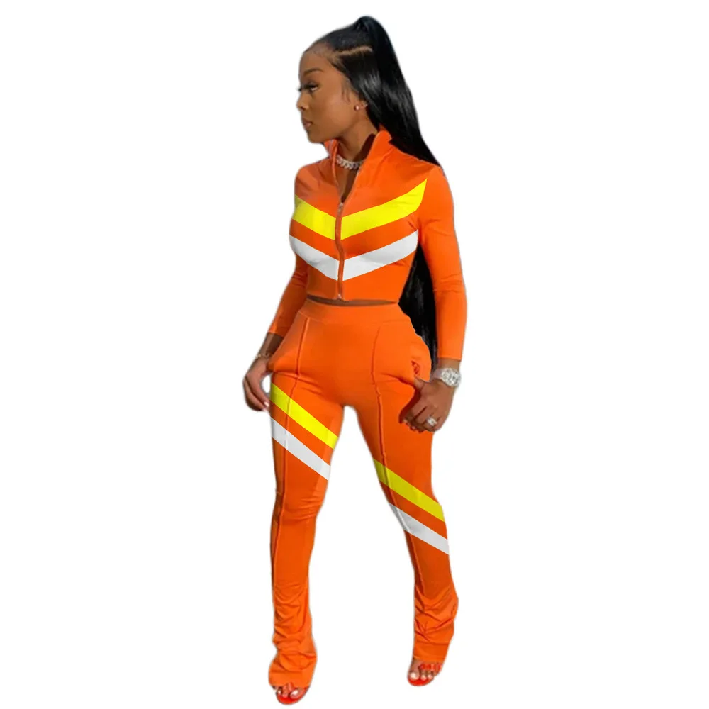 

Women's Sport Suit Color Block Spliced Long Sleeve Bandage Crop Top + Stacked Pant Legging Autumn Clothes Workout Two Piece Set