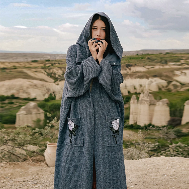 

Woman Sweaters Long Cardigan Knitted Hood Cloak Oversize Pocket Embroidery Warm Winter Clothes Women Casual Outerwear Cardigan