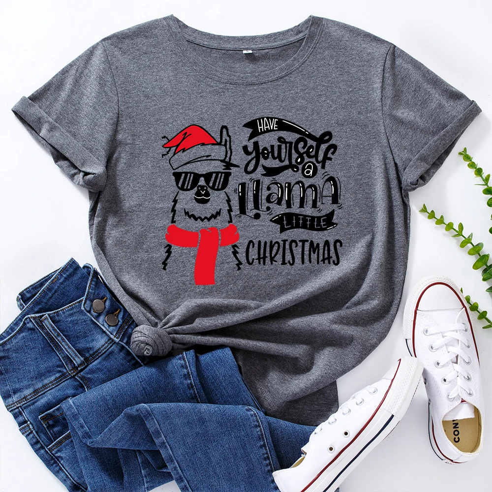 

Graphic Tees for Women Cotton Short Sleeve Tee Woman T-Shirts Female Shirt Tops Summer Casual Clothes Hat Christmas Llama Gift