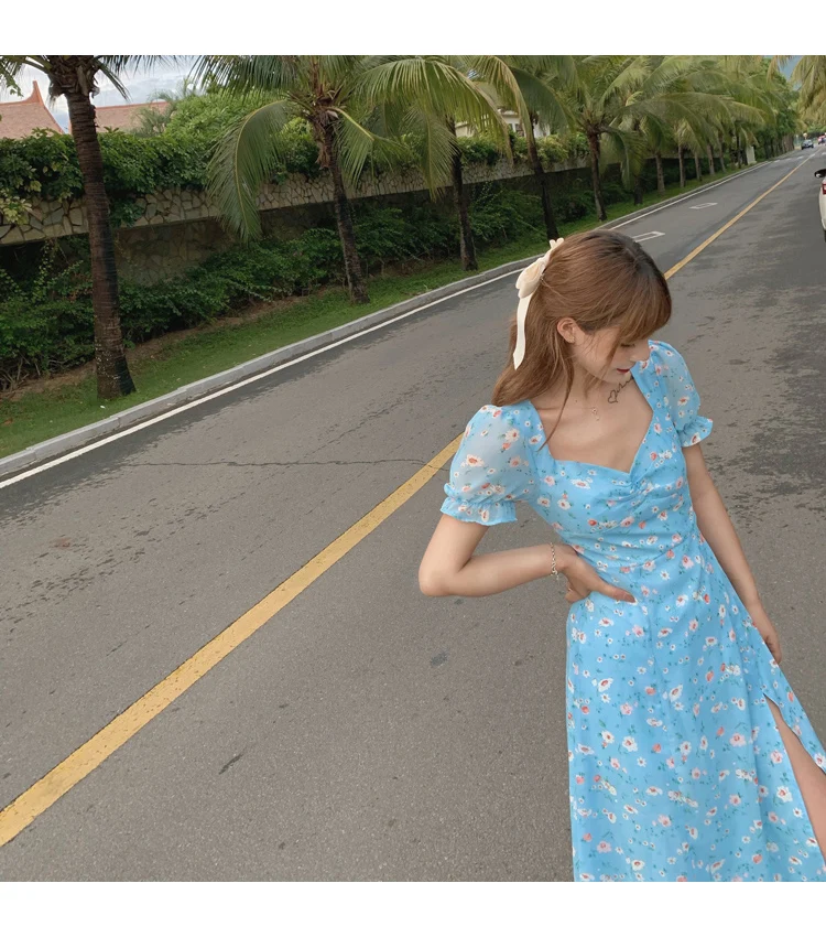 

Summer Mori Style Retro Puff Sleeve Sky Blue Floral Holiday Fairy Long Dress Short Sleeve Split Dress Kawaii