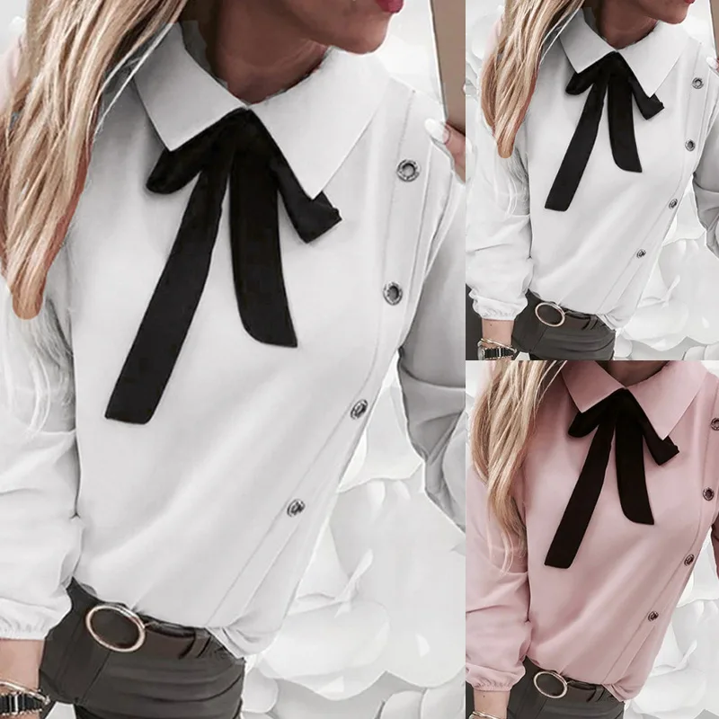 

Новая женская блузка в стиле преппи популярная однотонная Свободная рубашка с длинным рукавом и бантом модная одежда с отложным воротником