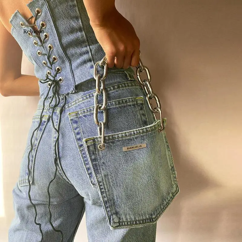 

Women Drawstring Lace Up Strappy Denim Tube Top Corset + Bag Matching Strapless Slim Clubwear Fashion Slim Streetwear