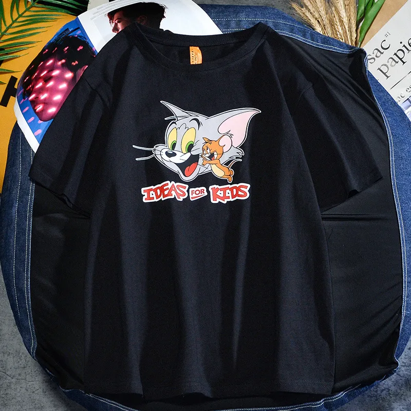 

2021 Spring And Summer Cartoon Printed T-shirt Men's Trendy Brand Street Hip-hop Loose Bf Wind Casual Short-sleeved Cotton Top