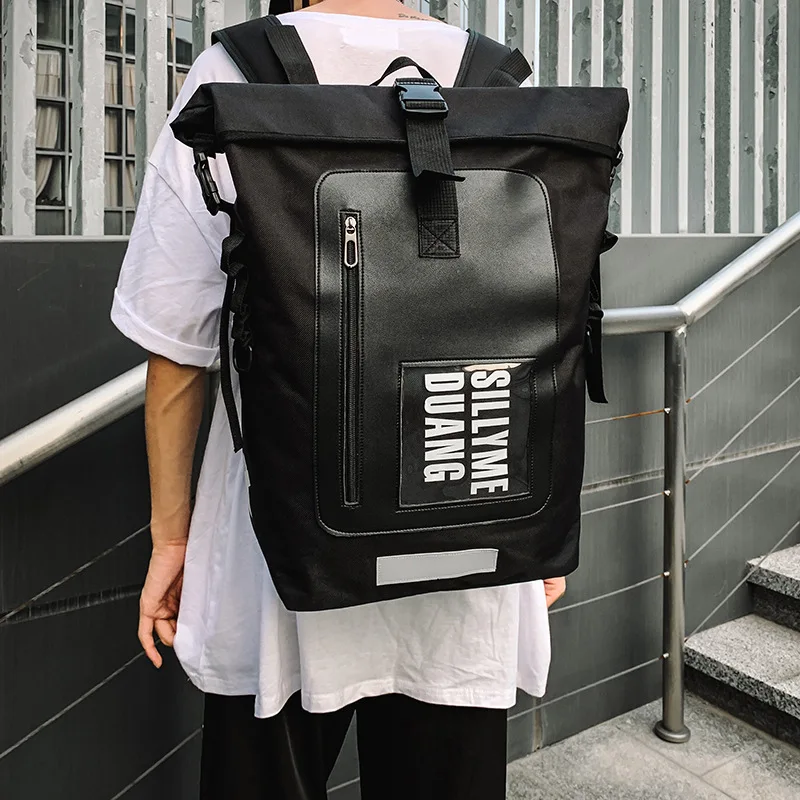 

MJZKXQZ Large Capacity Backpack Men Travel Bag Fashion Streetwear Hip Hop Boys Roll Top Mochila For School Teenagers Girls Black