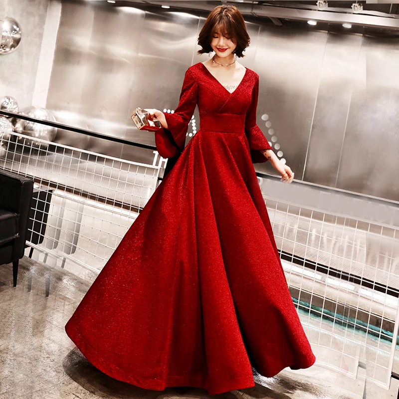 Вечернее темно красное платье Qipao для невесты одежда с расклешенными длинными