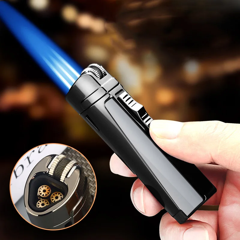 Metal Jet Gas Lighter Triple Wheel Flint Torch Lighter For Cigar Pipe Powerful Windproof  Spray Gun Metal Gadgets For Man