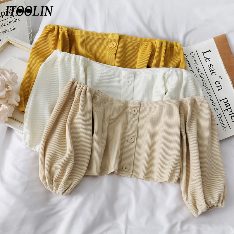 

ITOOLIN 2021 Autumn Winter Slash Neck Short Single-breasted Shoulderless Shirt Solid Women New Puff Sleeve Sweater Crop Top