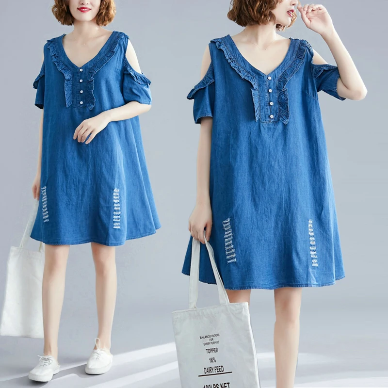 3xl плюс размер mori girl плиссированный короткий рукав мини гофрированное джинсовое
