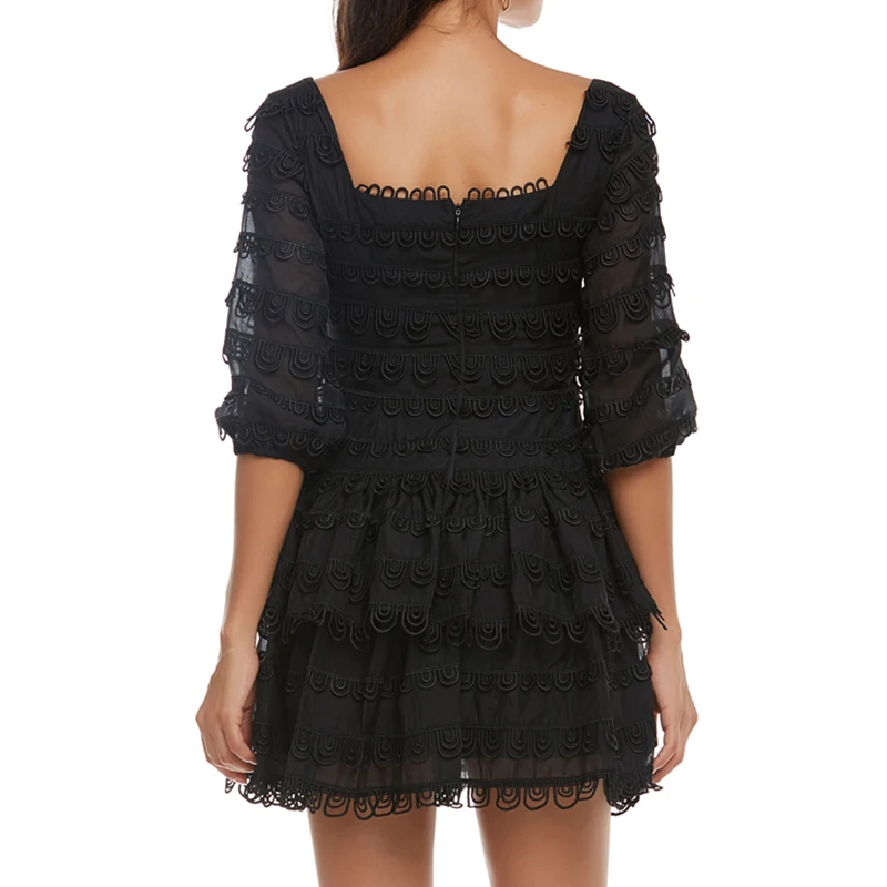 

VGH White Elegant Dress For Women Square Collar Puff Half Sleeve High Waist Patchwork Lace A Line Mini Dresses 2021 Korean Style
