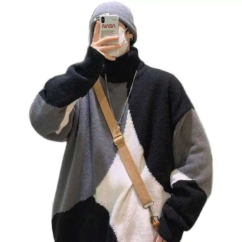 

High collar sweater men's autumn and winter color matching thickened sweater loose sweater