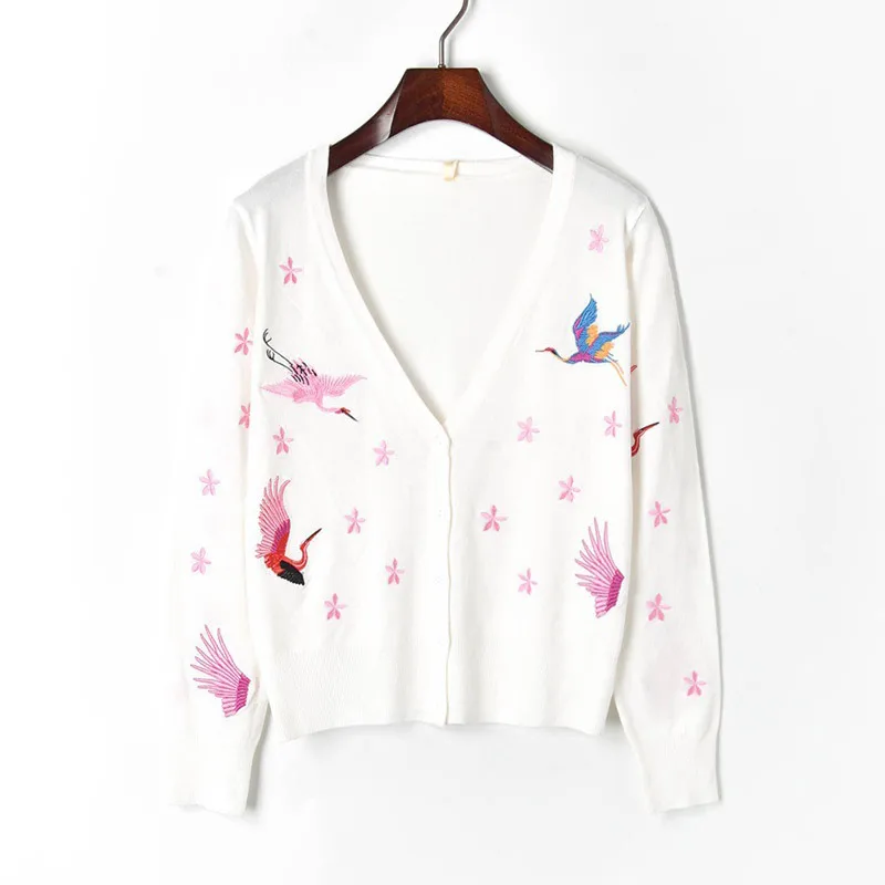 Женский вязаный кардиган с вышивкой журавль и цветов свитер v-образным вырезом