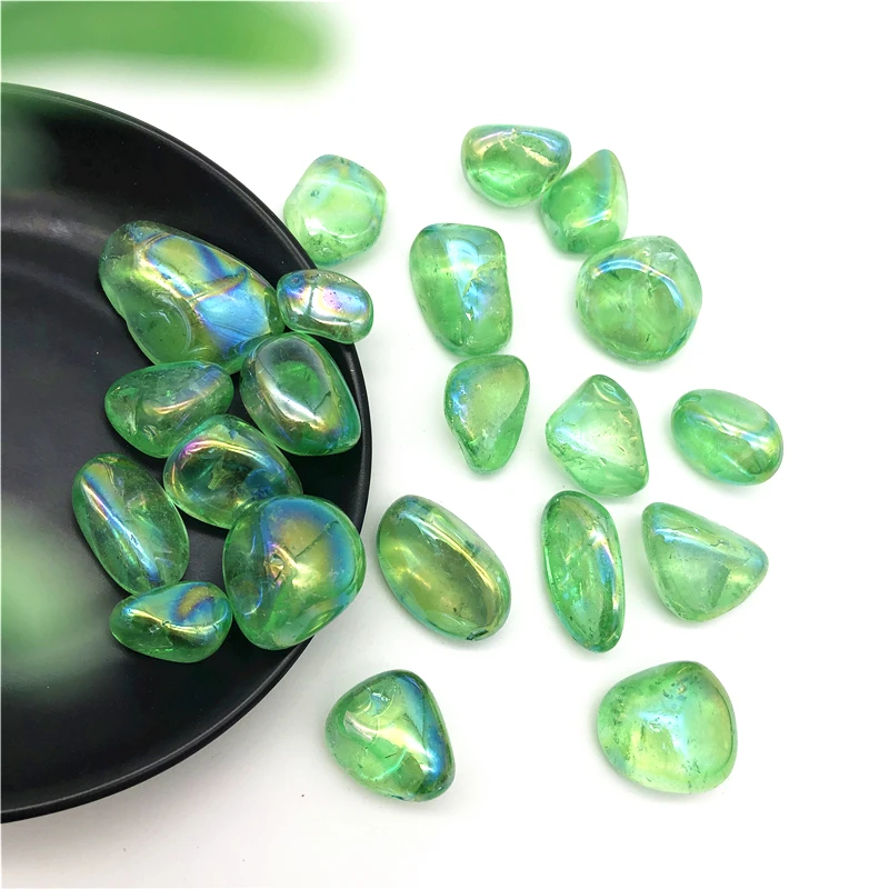 

Drop Shipping 100g Green Titanium Aura Electroplating Quartz Crystal Tumbled Stones Healing Natural Stones and Crystals
