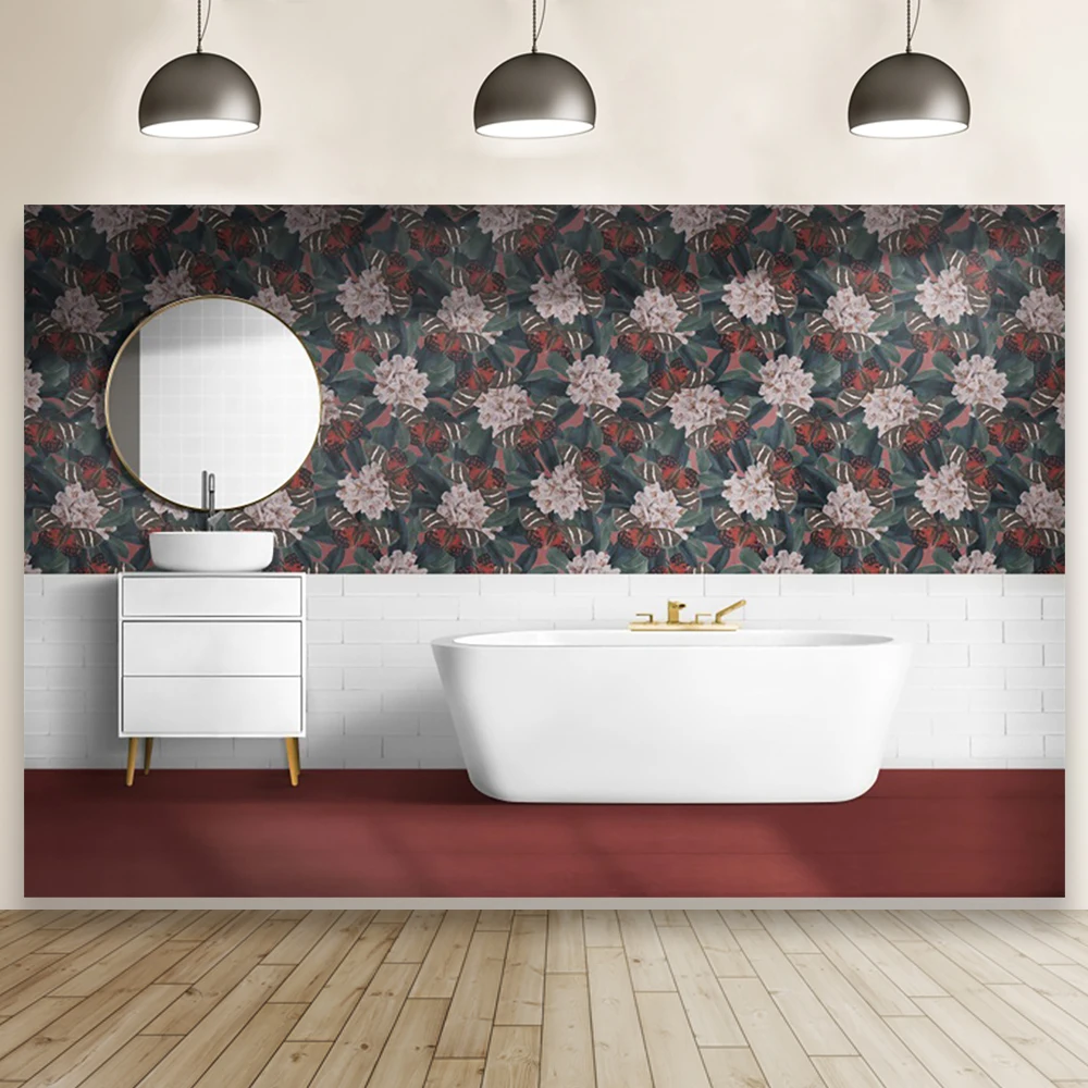 Laeacco White Flower Pattern Chic Wall Bathroom Mirror Bathtub Washbasin Photography Background Photo Backdrop For Photo Studio