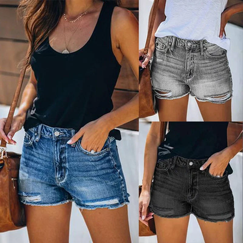

Thin Denim Shorts Women Summer Fashion Ripped Holes Pockets Short Femininos Jeans Shorts