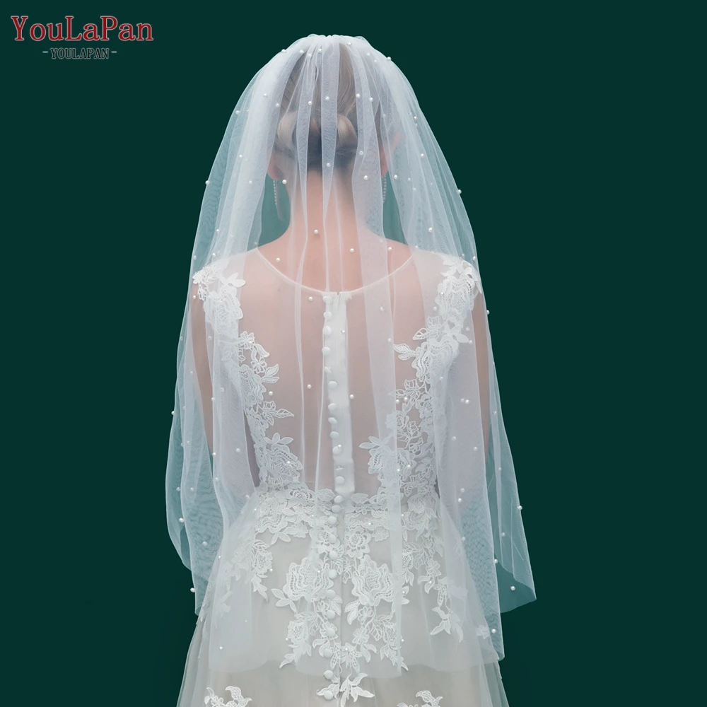 YouLaPan V05 Luxury Bridal Tulle Bridal Veil Pearl Wedding Veil with Hair Comb 1 Tier Long Wedding Veil Cathedral Wedding Veil