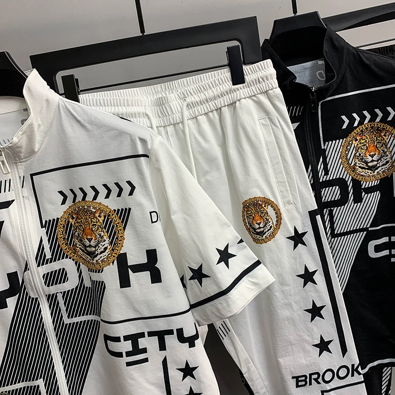 

Suit men's fashion brand net red men's personality 2021 summer new tiger Pegasus print cardigan two piece suit fashion