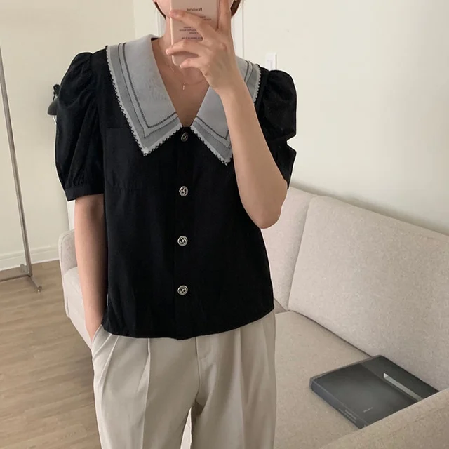 

women sweet peter pan collar stitching casual blouse shirts women puff sleeve white chemise Korean fashion chic tops