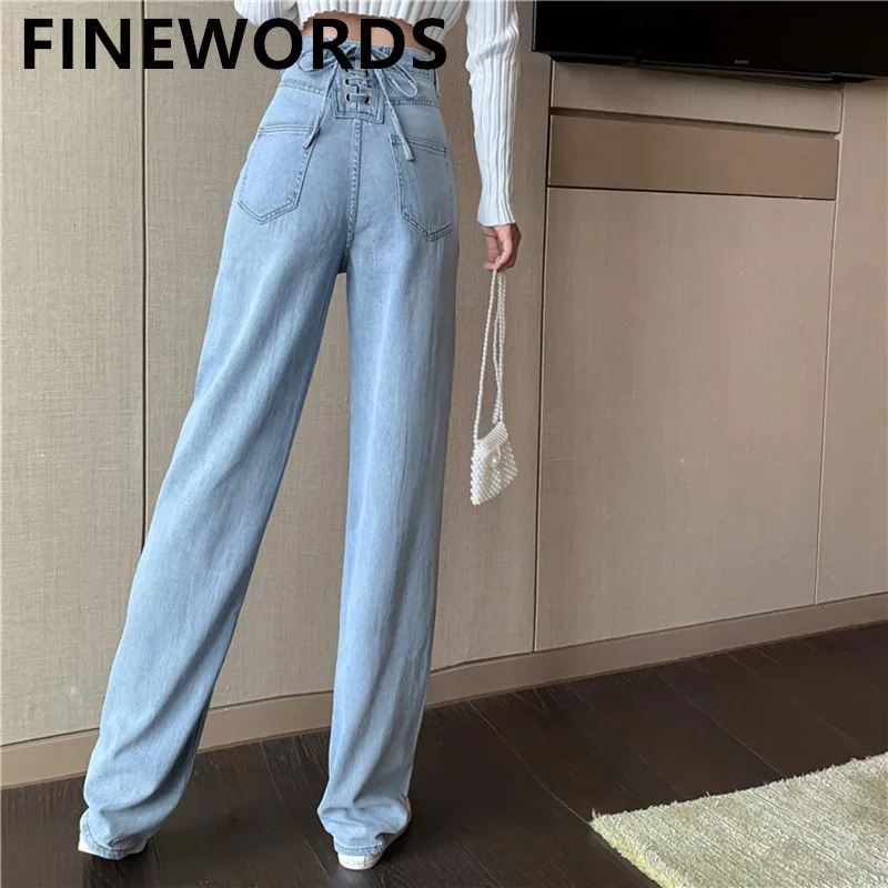 

FINEWORDS High Waist Korean Back Bandage Wide Leg Jeans Vintage Casual Loose Blue Jeans Denim Spodnie Damskie Jeansy