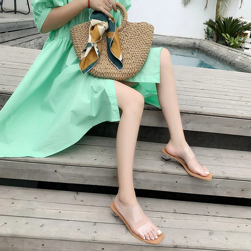 Crystal Ball Low Heel PVC Transparent Clear Slippers Women Peep Toe Summer Sandals Fashion New Design Slippers Outdoor