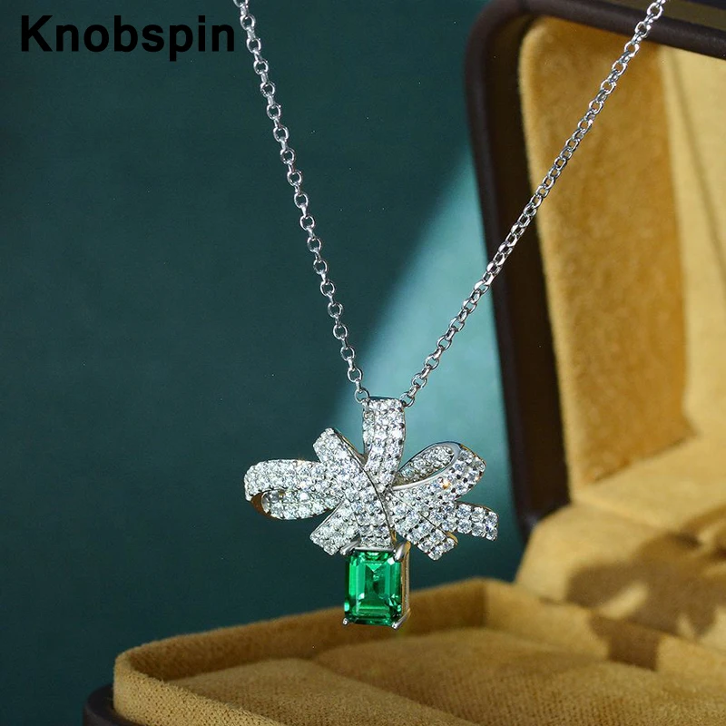 

Knobspin 100% 925 Sterling Silver 5*7mm Synthetic Emerald High Carbon Diamond Bowknot Pendant Necklace Women Enagement Jewelry