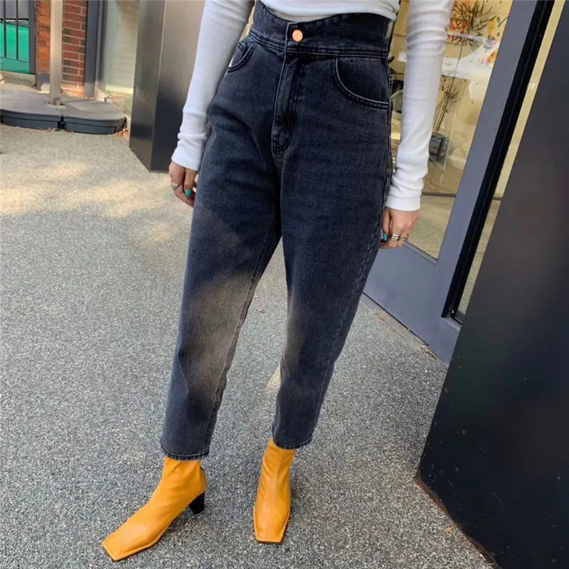 

HziriP Black High Quality Jeans Denim Ankle-Length Pants 2020 Bud-Waist Solid High Waist Streetwear Woman Casual Straight Pants