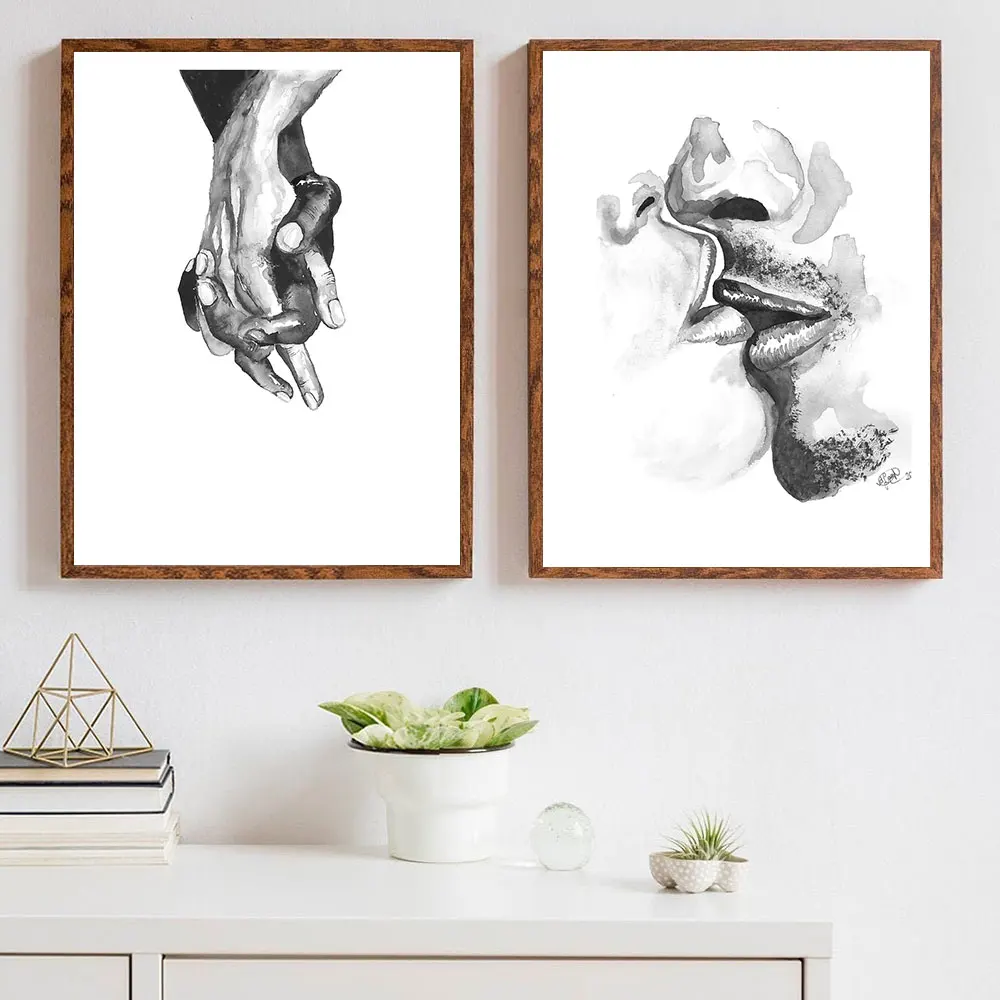 

Nordic Black White Lover Kiss Wall Art Canvas Poster Minimalist Print Hand in hand Painting Picture for Living Room Home Decor