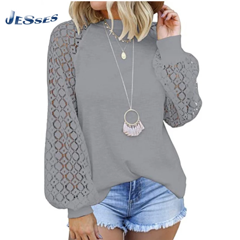 

Elegant Lantern Long Sleeve Ladies Chiffon Shirt Lace Stitching Loose Round Neck Tee Large Size New Blouse For Women Casual Tops