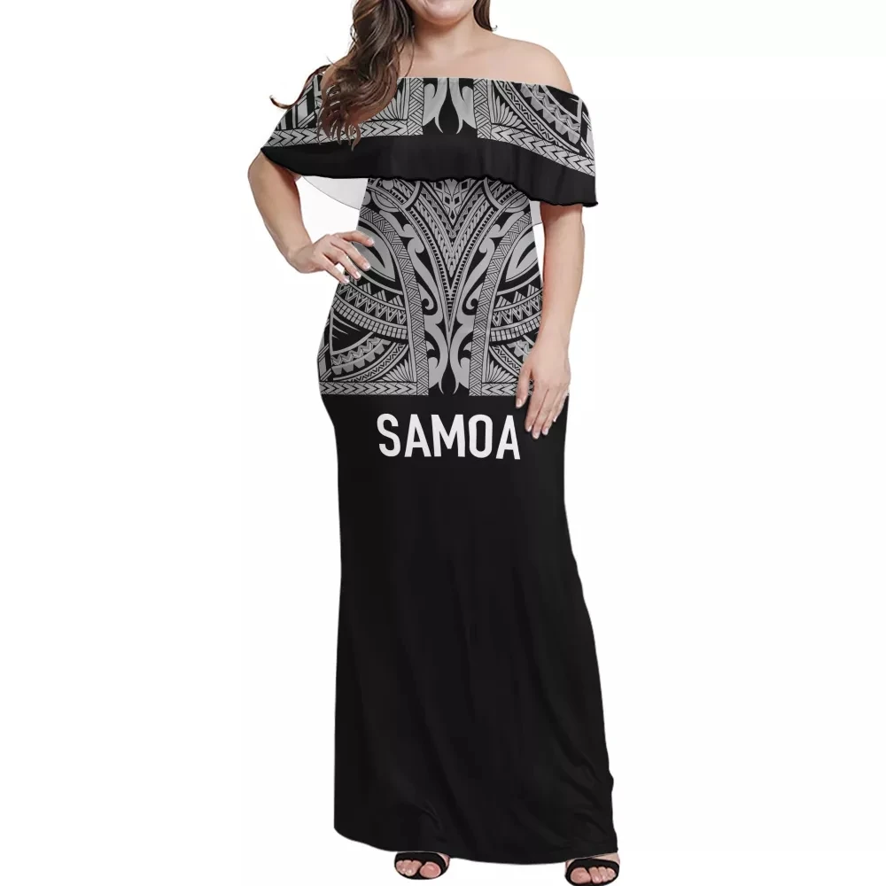 HYCOOL סמואה שבטי שחור ארוך פולינזי שמלות לנשים מסיבת חתונת קיץ כבוי כתף ערב מקסי שמלת Bodycon שמלות