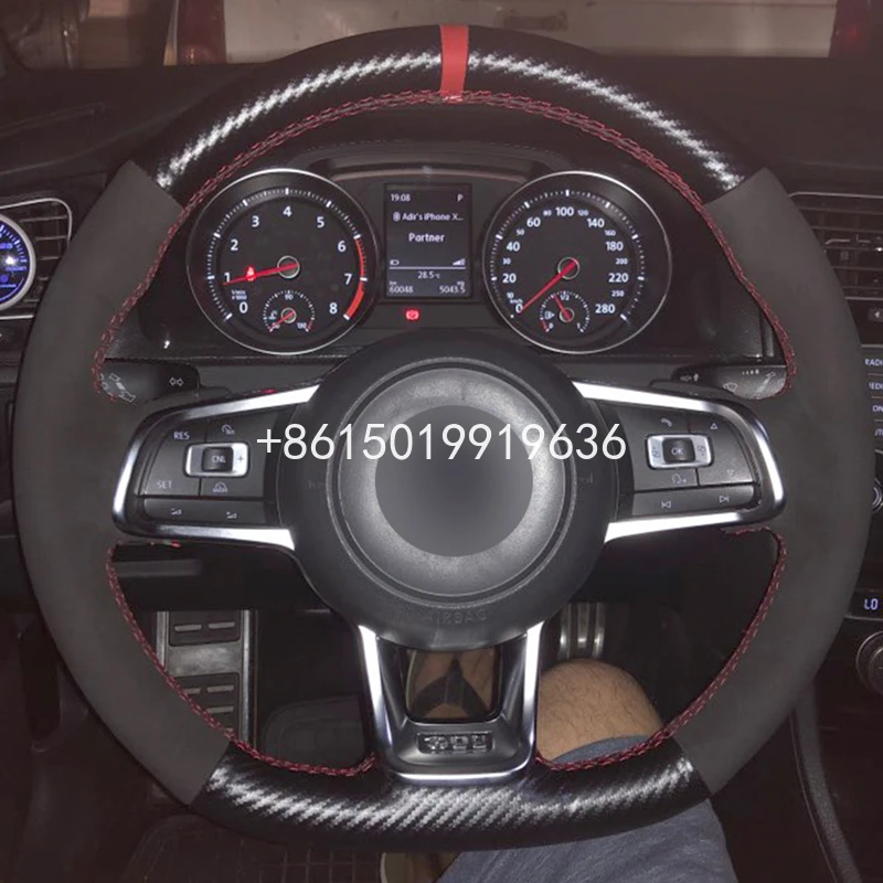 

Carbon Fiber Black Suede Red Marker Car Steering Wheel Cover for Volkswagen Golf 7 GTI Golf R MK7 Polo GTI