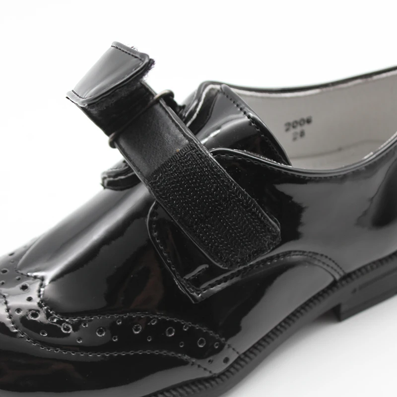 Детские черные лакированные броги для мальчиков Формальные туфли на липучке