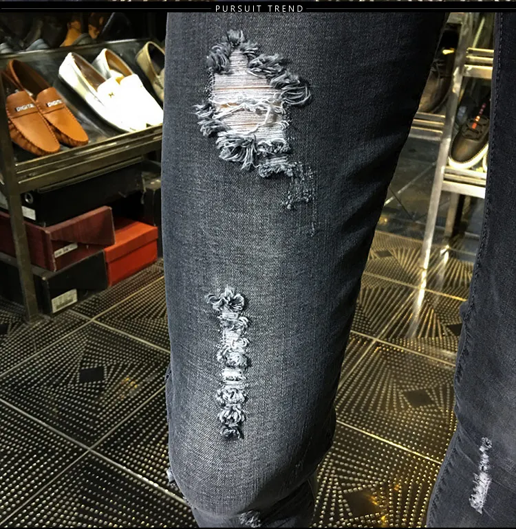 NEW spring autumn skinny strech Casual ripped hole fashion black teenagers hip hop cowboy denim leg jeans men pencil pants